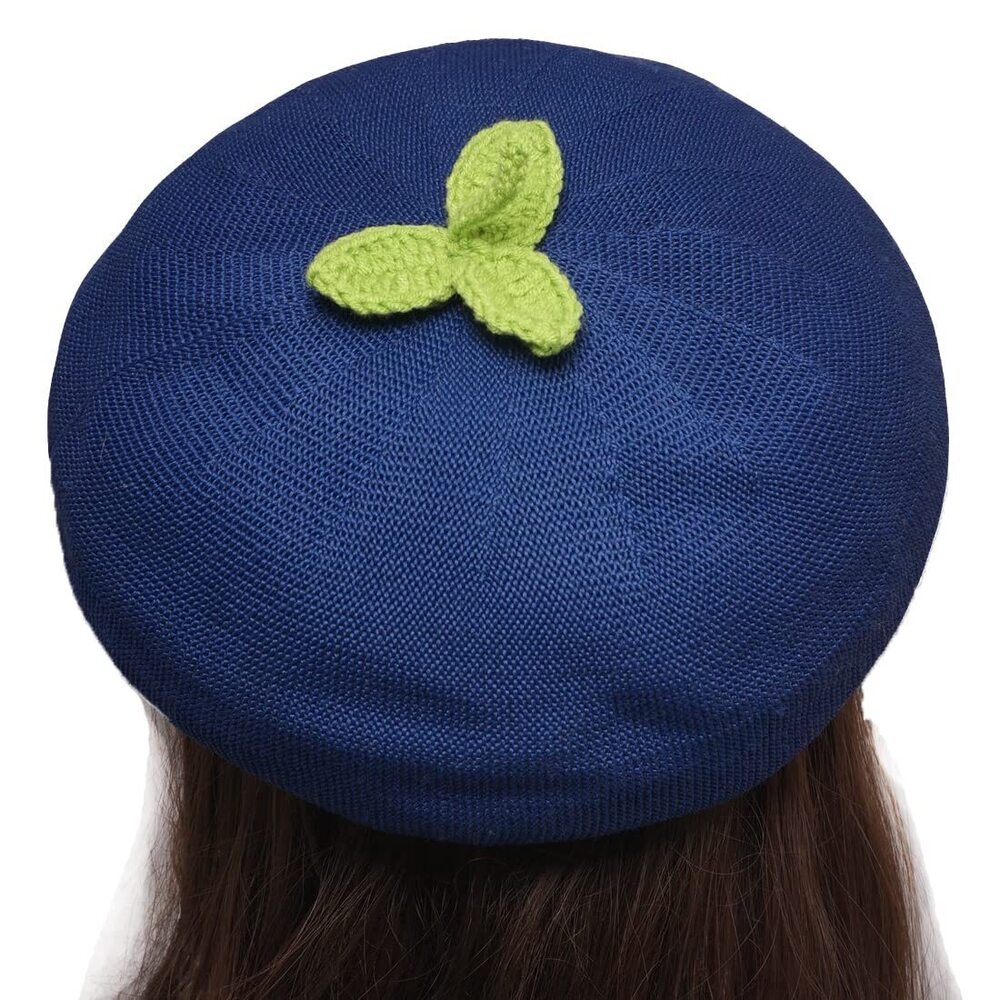 4573 Blueberry Beret Three Leaves Hat Plant Cosplay Vintage Cap Xmas Gift